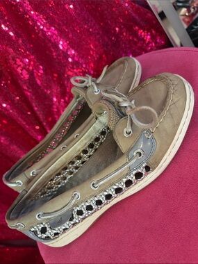 Women’s Casual Sprrey Boat Shoes in Taupe with Metallic Accents